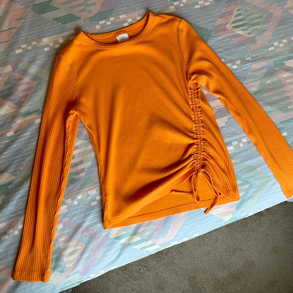 A New Day Side Ruched Long Sleeve Tee, Orange, Size S